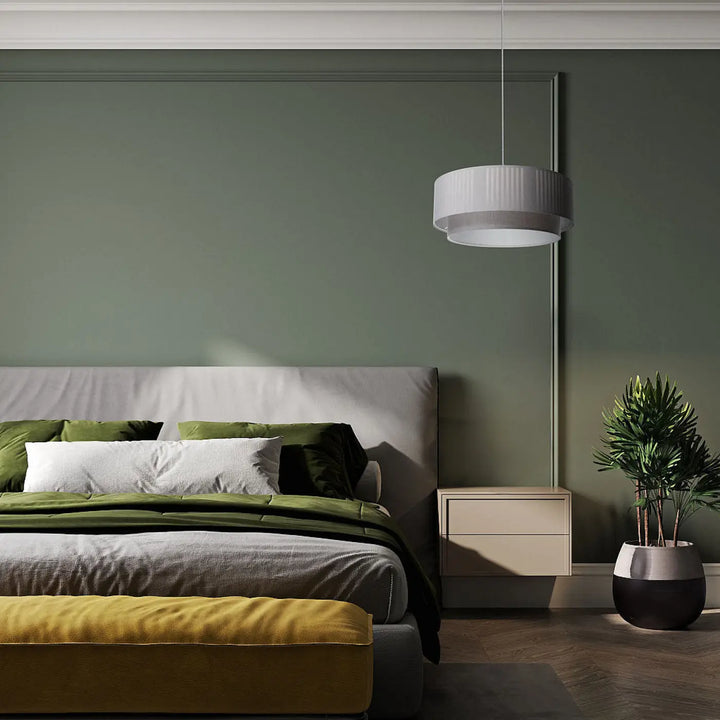 Suspension luminaire grise duo lami line avec abat-jour cylindrique nervuré blanc et structure métallique élégante