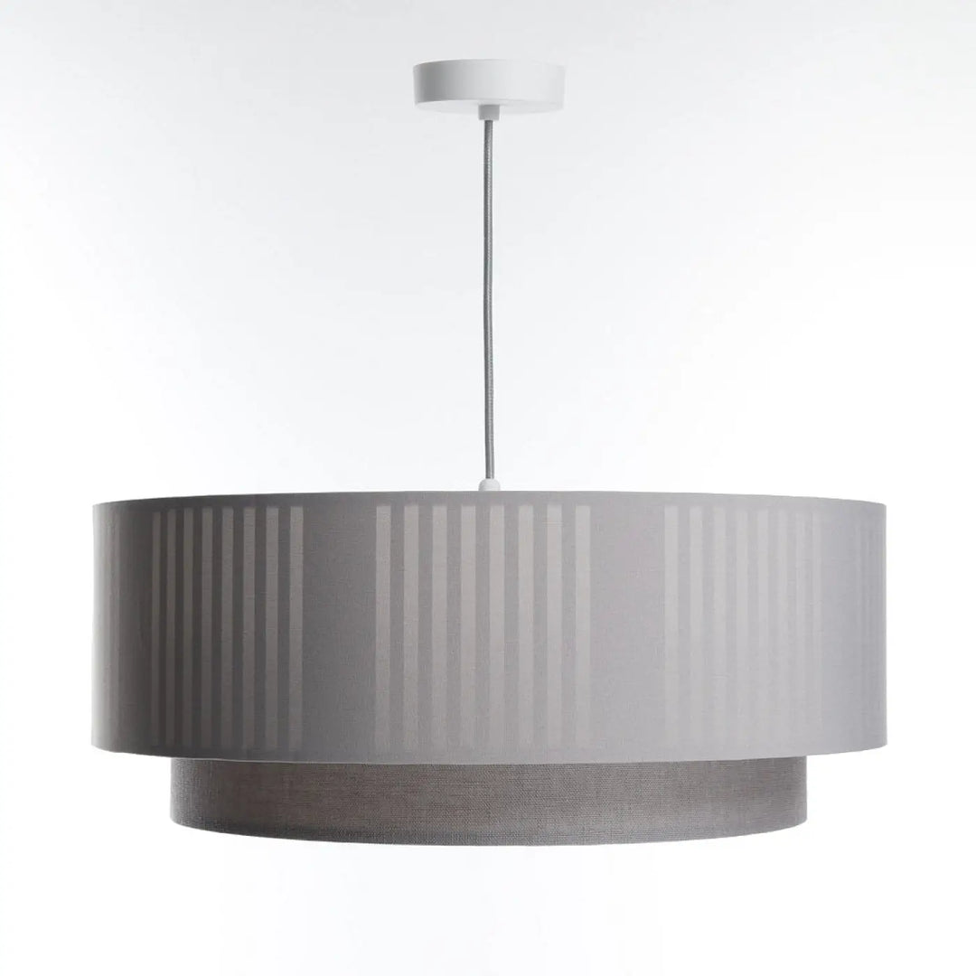 Suspension luminaire grise duo lami line avec abat-jour en tissu mat à nervures verticales et fixation blanche au plafond