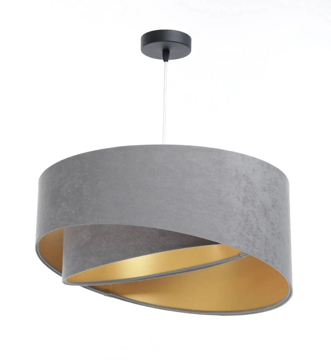 Suspension luminaire galaxy auric gris avec extérieur en tissu gris texturé et intérieur doré suspendue par fixation noire au plafond