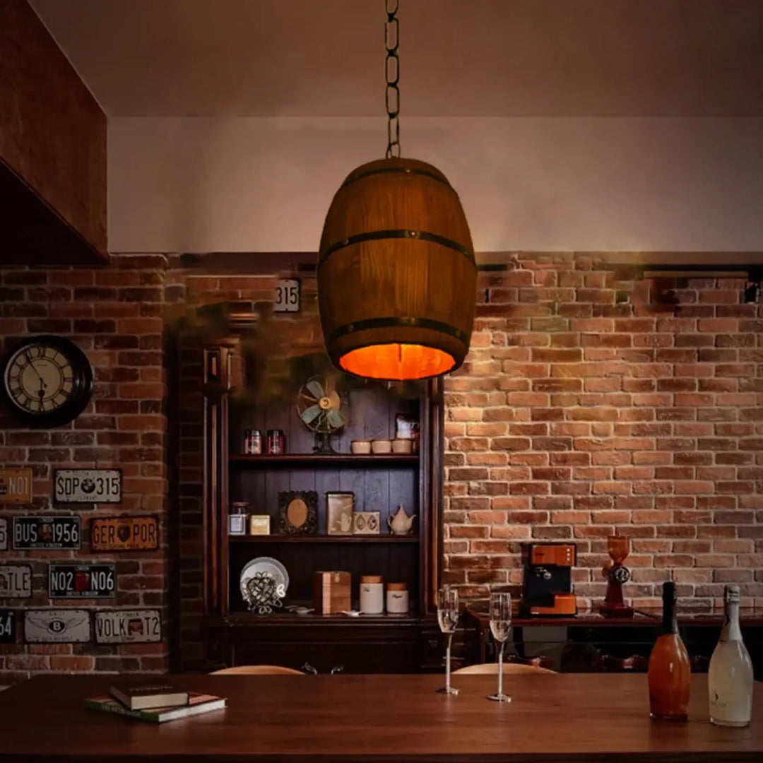 Suspension luminaire industrielle en bois style tonneau marron