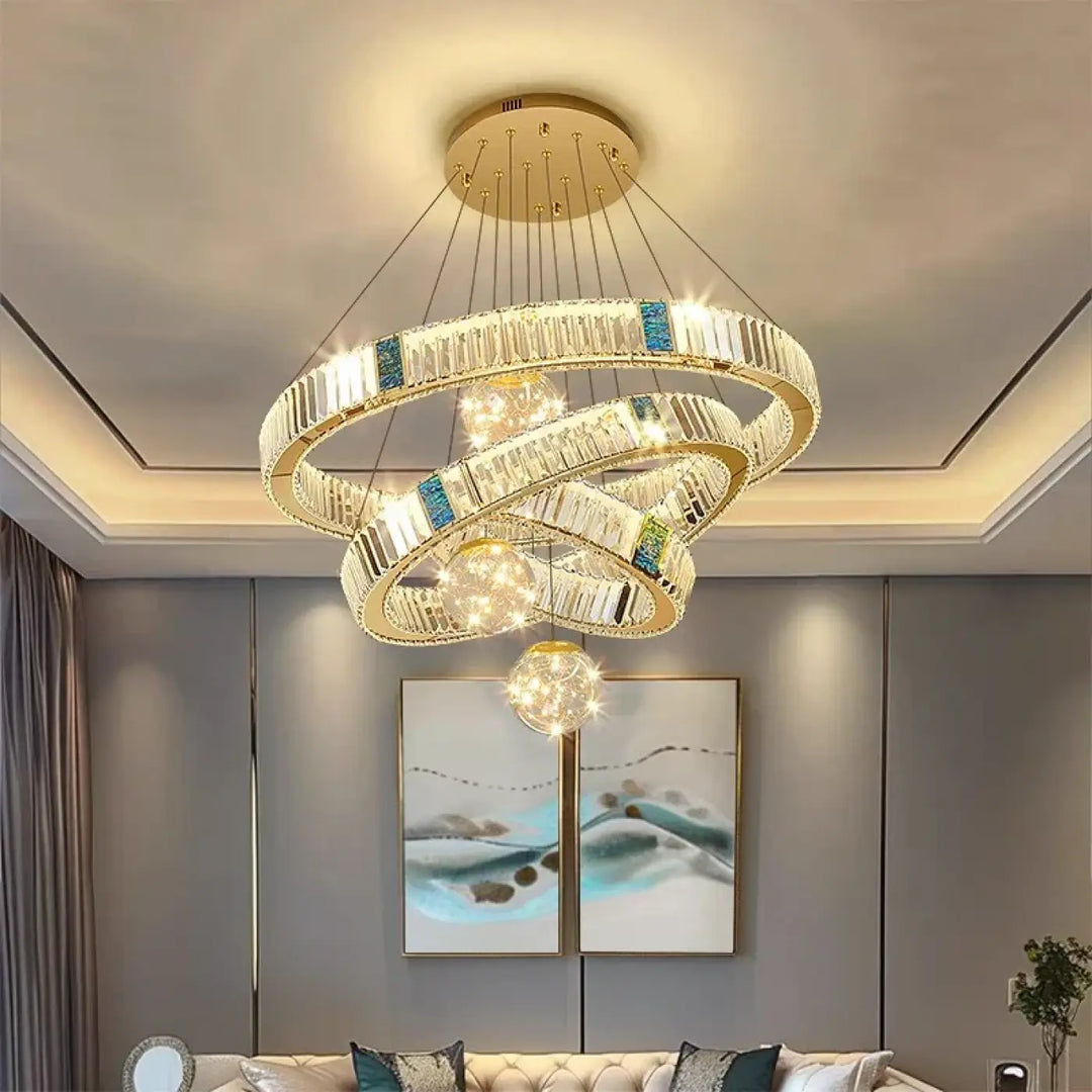 Suspension led cristal avec anneaux dorés design doré chic