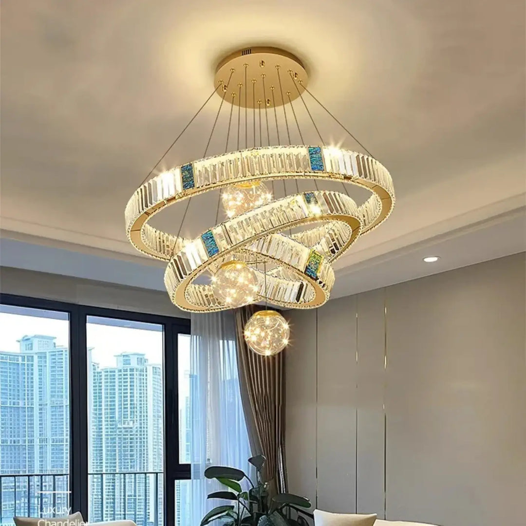 Suspension led cristal avec anneaux dorés design doré chic