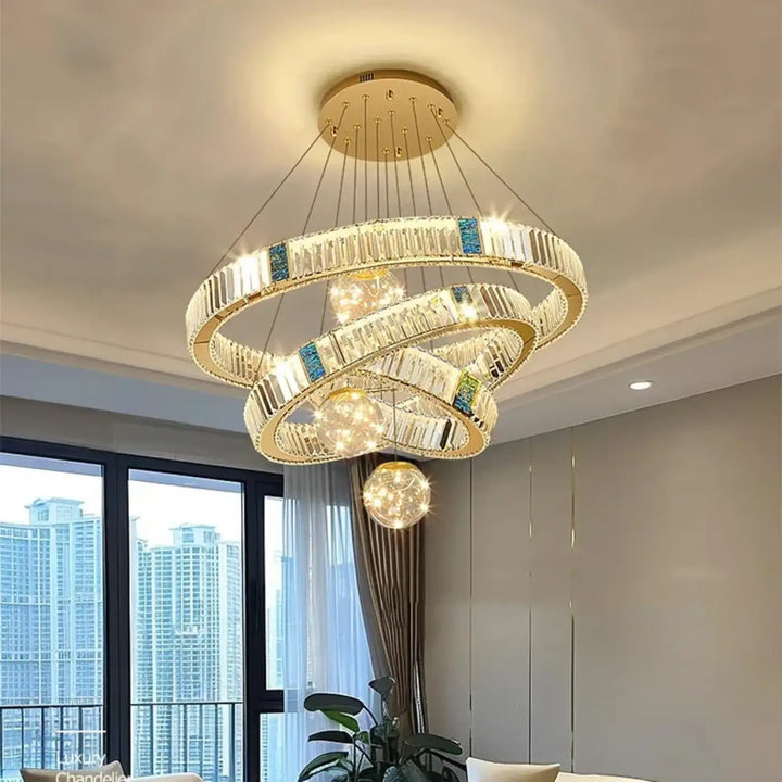 Suspension led cristal avec anneaux dorés design doré chic