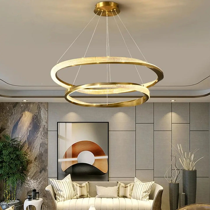 Suspension luminaire led dorée anneaux flottants élégants