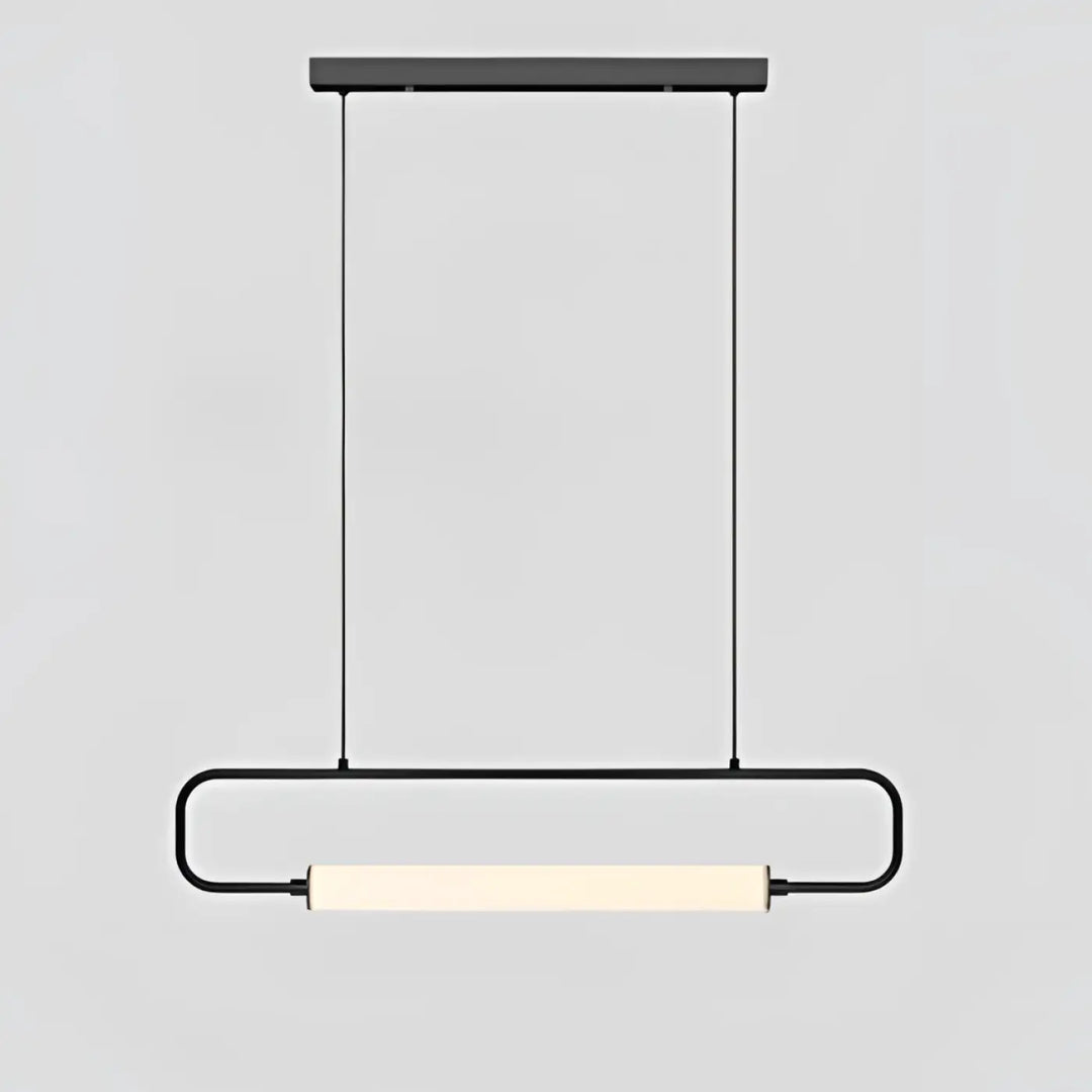 Suspension luminaire recto en métal noir moderne avec cadre rectangulaire élégant et panneau en verre cylindrique éclairé