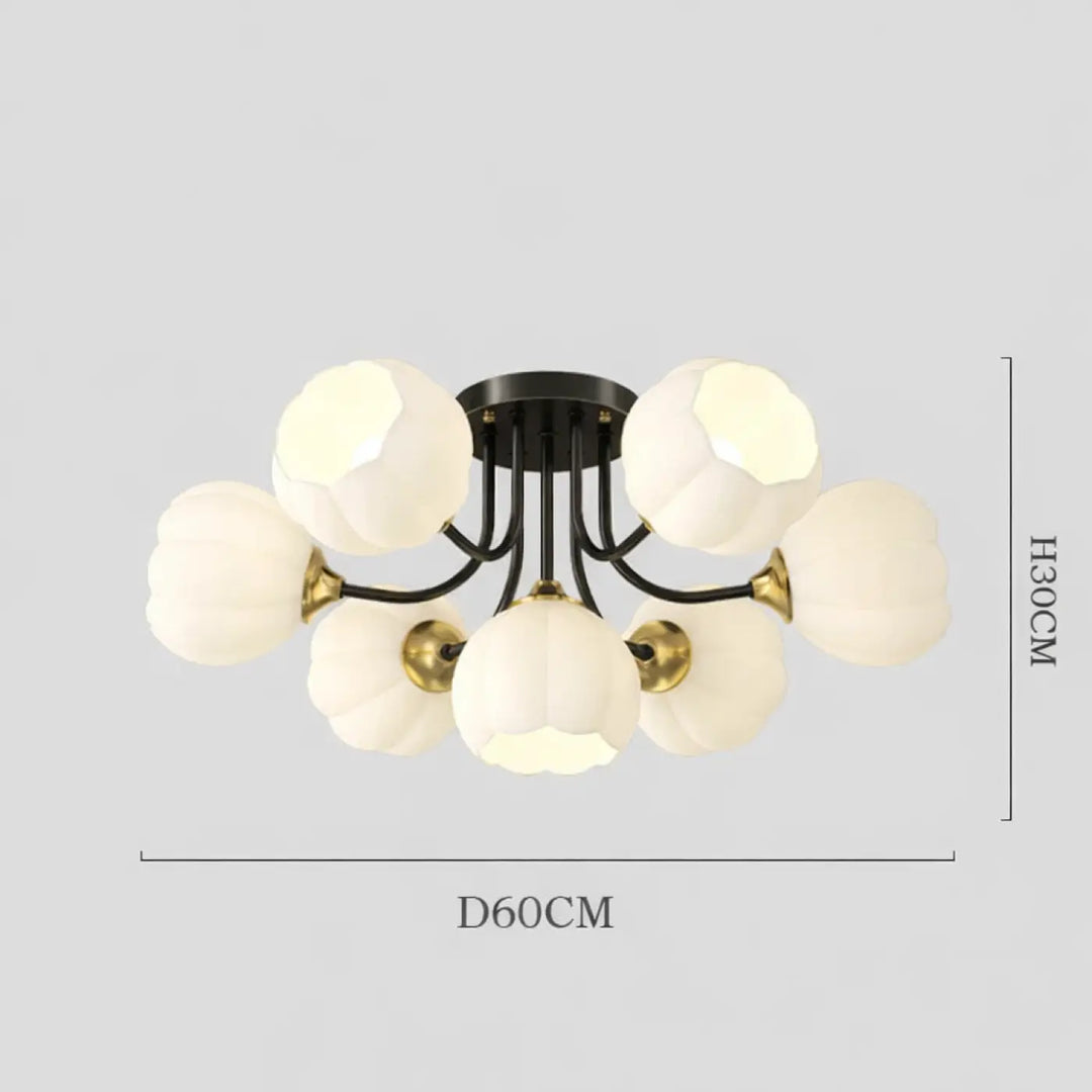 Suspension luminaire floria noir et laiton avec six abat-jours en verre blanc givré en forme de fleur luminaire luxueuse