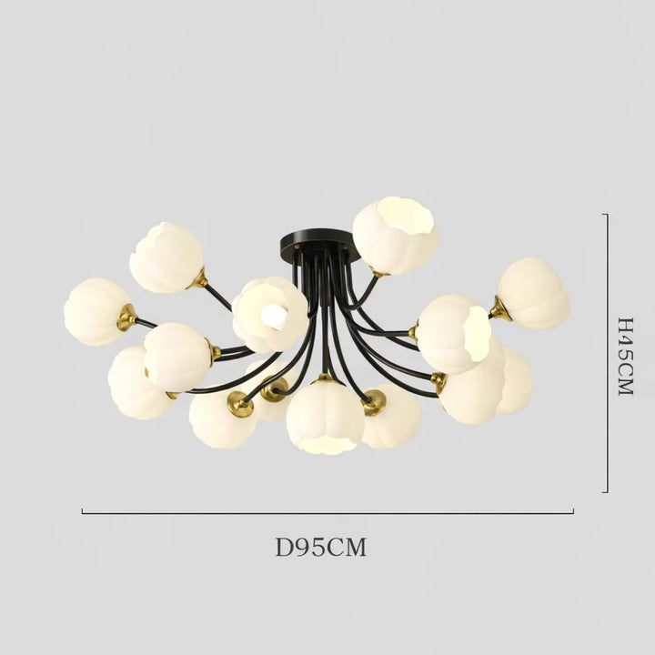 Suspension luminaire noire avec abat-jours en verre ivoire en forme de fleur pour un luminaire luxueuse floria