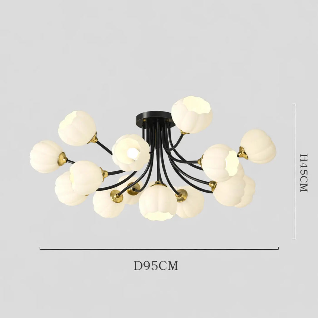 Suspension luminaire floria noir et or avec abat-jours en verre ivoire en forme de fleur pour un luminaire luxueuse