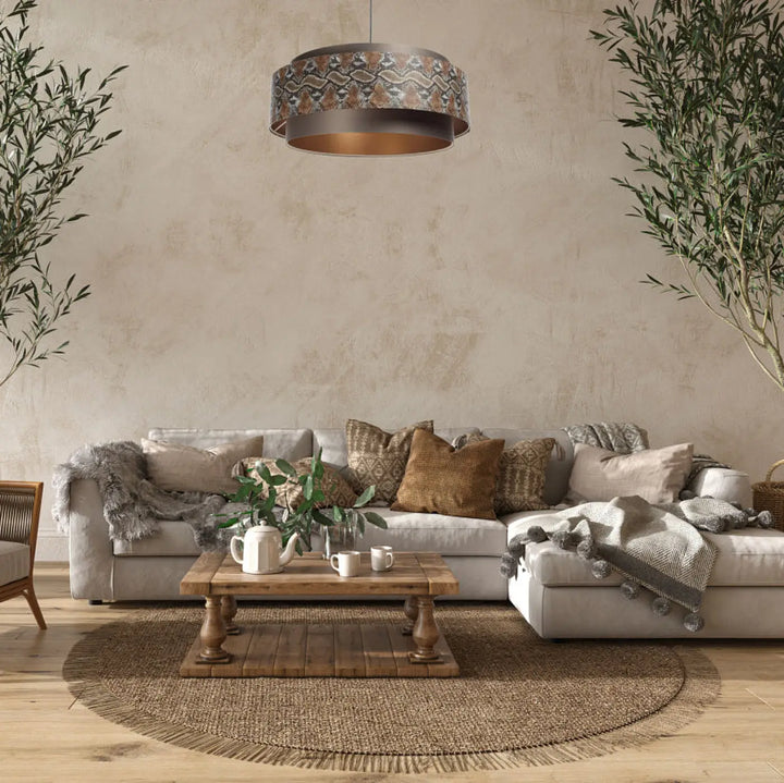 Suspension luminaire doblo marron avec base métallique et abat-jour orné aux tons terreux