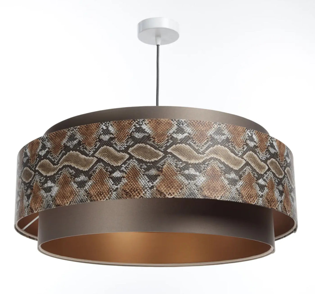 Suspension luminaire marron doblo avec motif peau de serpent beige et marron et intérieur métallique cuivré