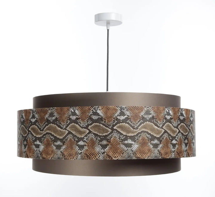 Suspension luminaire marron doblo avec design cylindrique moderne et anneaux concentriques en bronze mat et cuir serpent