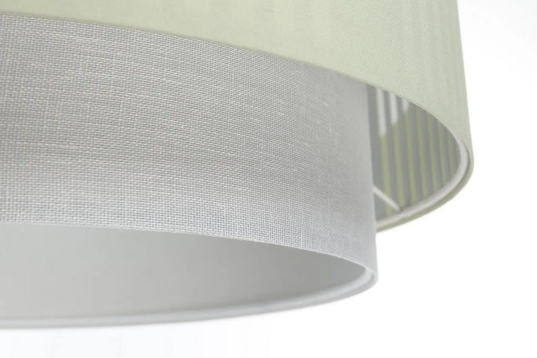 Suspension luminaire duo lami line menthe gris avec abat-jour cylindrique tissu gris clair texturé intérieur blanc lisse