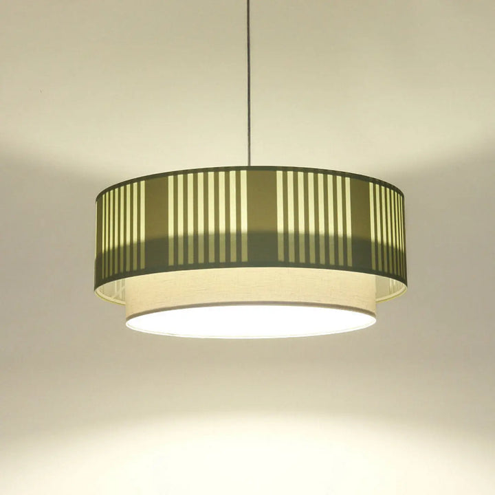 Suspension luminaire duo lami line menthe gris avec abat-jour en tissu rayé vert olive et crème