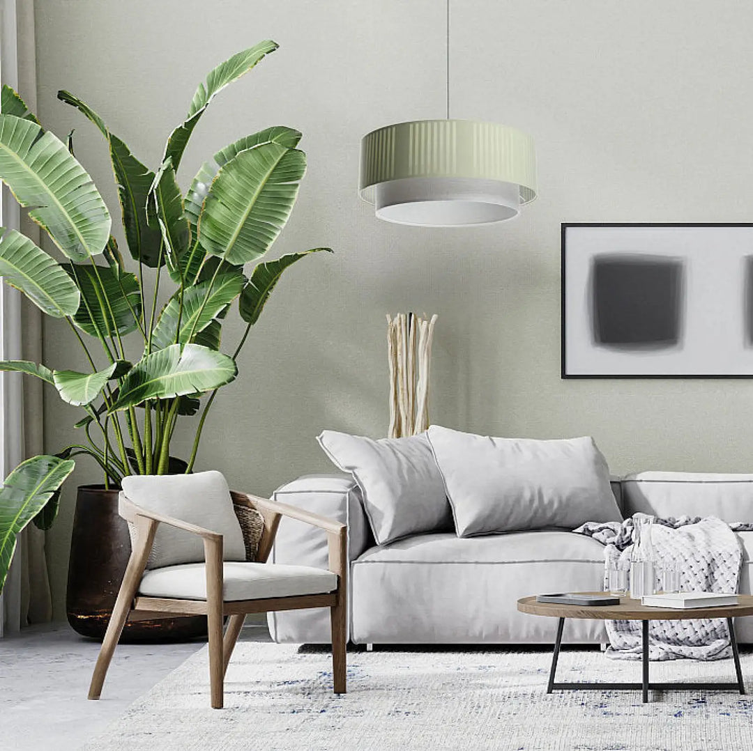 Suspension luminaire duo lami line menthe avec abat-jour cylindrique côtelé vert pâle et anneau intérieur blanc suspendu au plafond