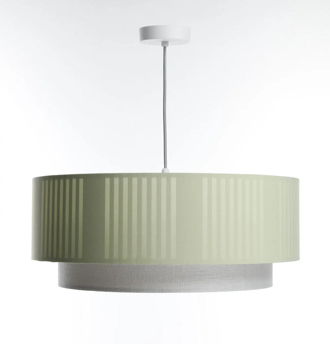 Modern suspension luminaire duo lami line with sage green ribbed fabric shade and silver mesh lower tier in menthe color
