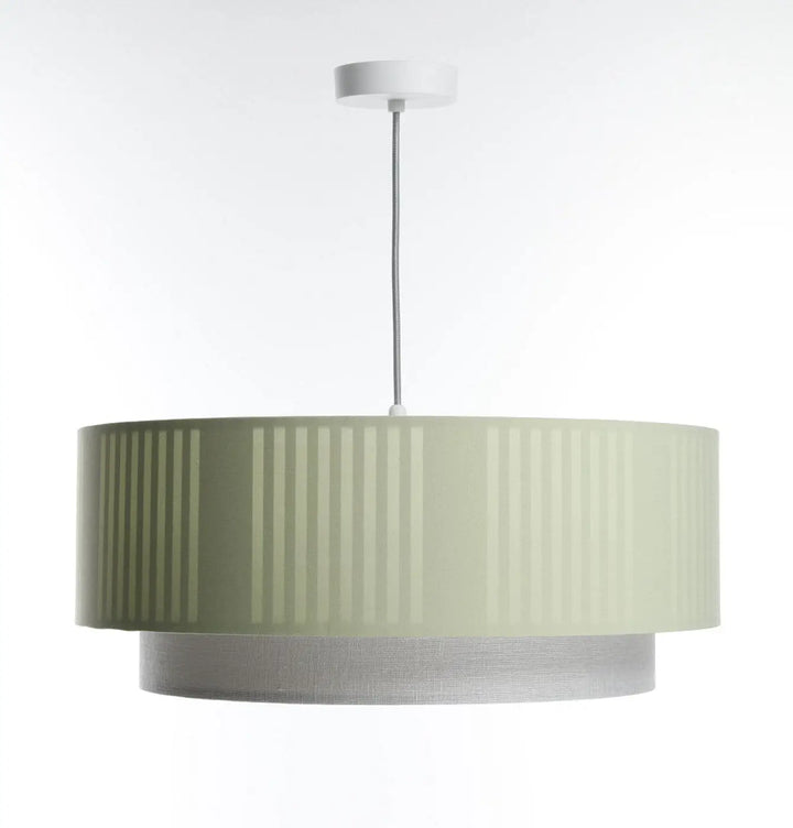 Modern suspension luminaire duo lami line with sage green ribbed fabric shade and silver mesh lower tier in menthe color