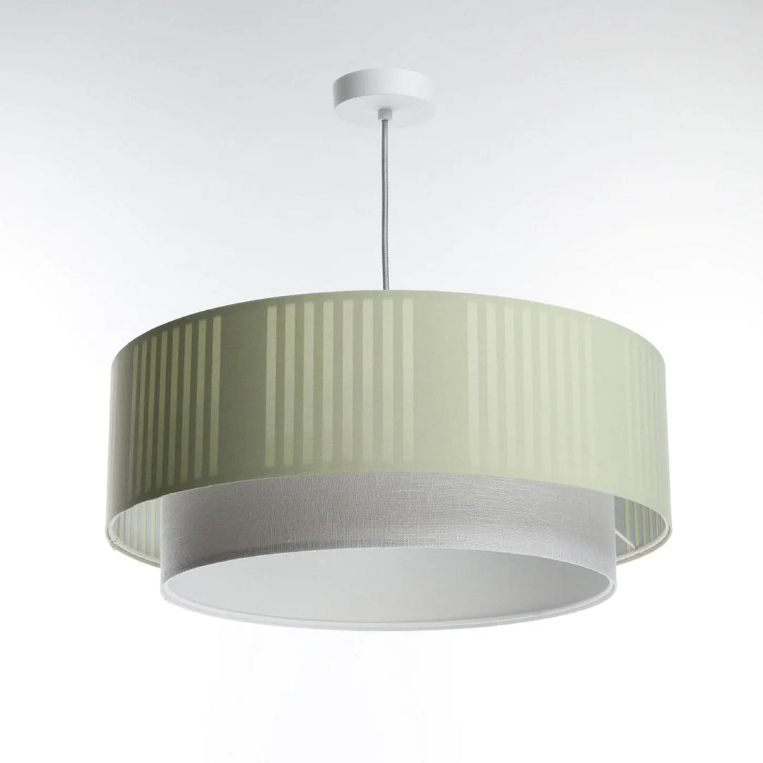 Suspension luminaire duo lami line avec abat-jour en tissu menthe côtelé verticalement et anneau inférieur en maille blanche