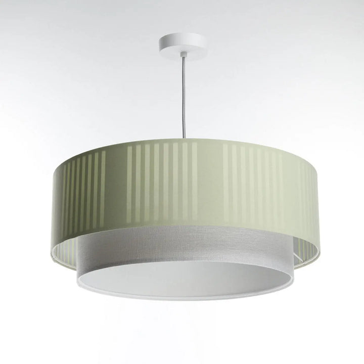 Suspension luminaire duo lami line avec abat-jour en tissu menthe côtelé verticalement et anneau inférieur en maille blanche