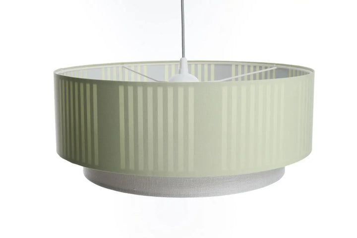 Suspension luminaire duo lami line menthe avec abat-jour cylindrique nervuré en tissu vert sauge et base texturée assortie