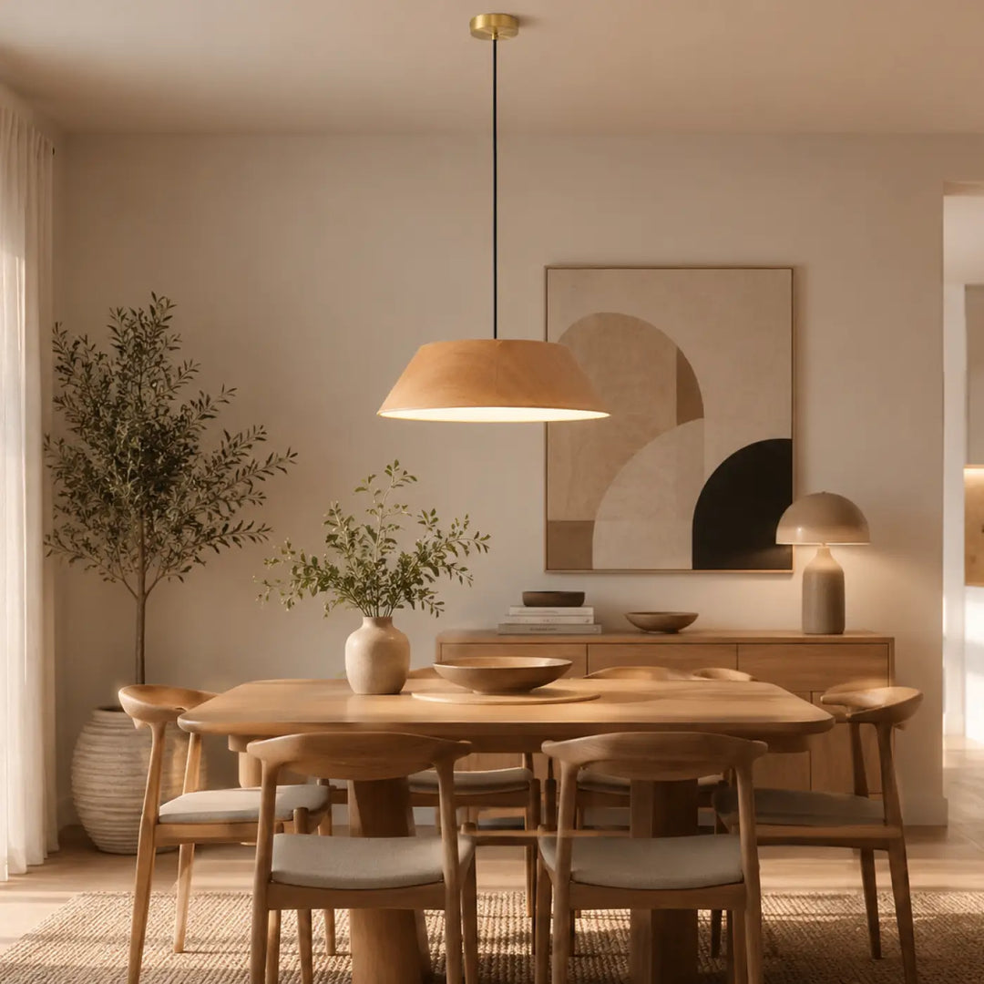 Suspension luminaire tilia en tissu tressé et laiton apporte immédiatement une ambiance chaleureuse à la salle à manger