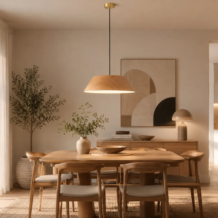 Suspension luminaire tilia en tissu tressé et laiton apporte immédiatement une ambiance chaleureuse à la salle à manger