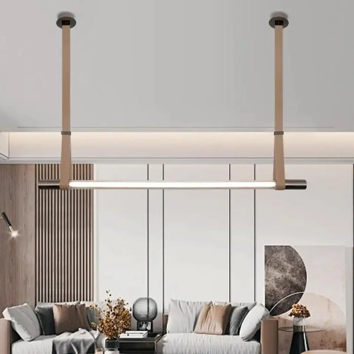 Suspension luminaire lea minimaliste avec barre led rectangulaire beige en cuir et fixation métallique design minimaliste