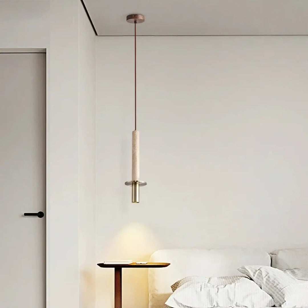 Suspension luminaire minimaliste alva avec abat-jour cylindrique beige en pierre naturelle pour décoration intérieure