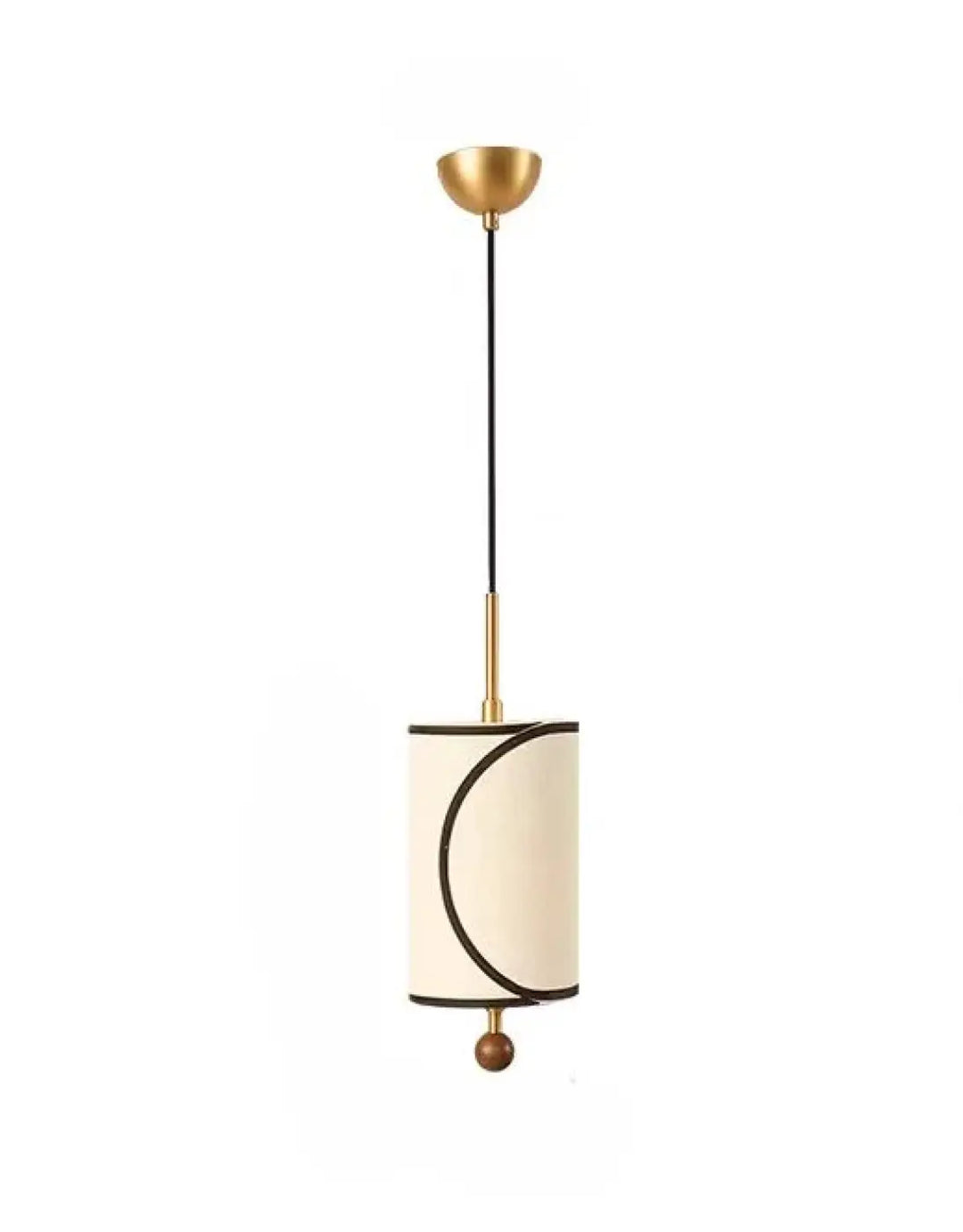 Suspension luminaire avril avec abat-jour cylindrique crème, bordure noire et tige en laiton doré élégant