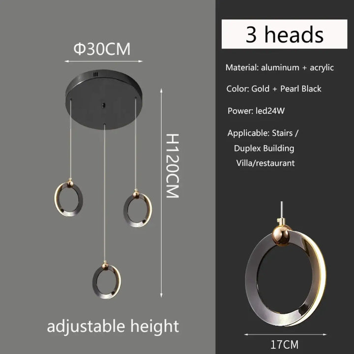 Suspension luminaire moderne anneaux led doré noir
