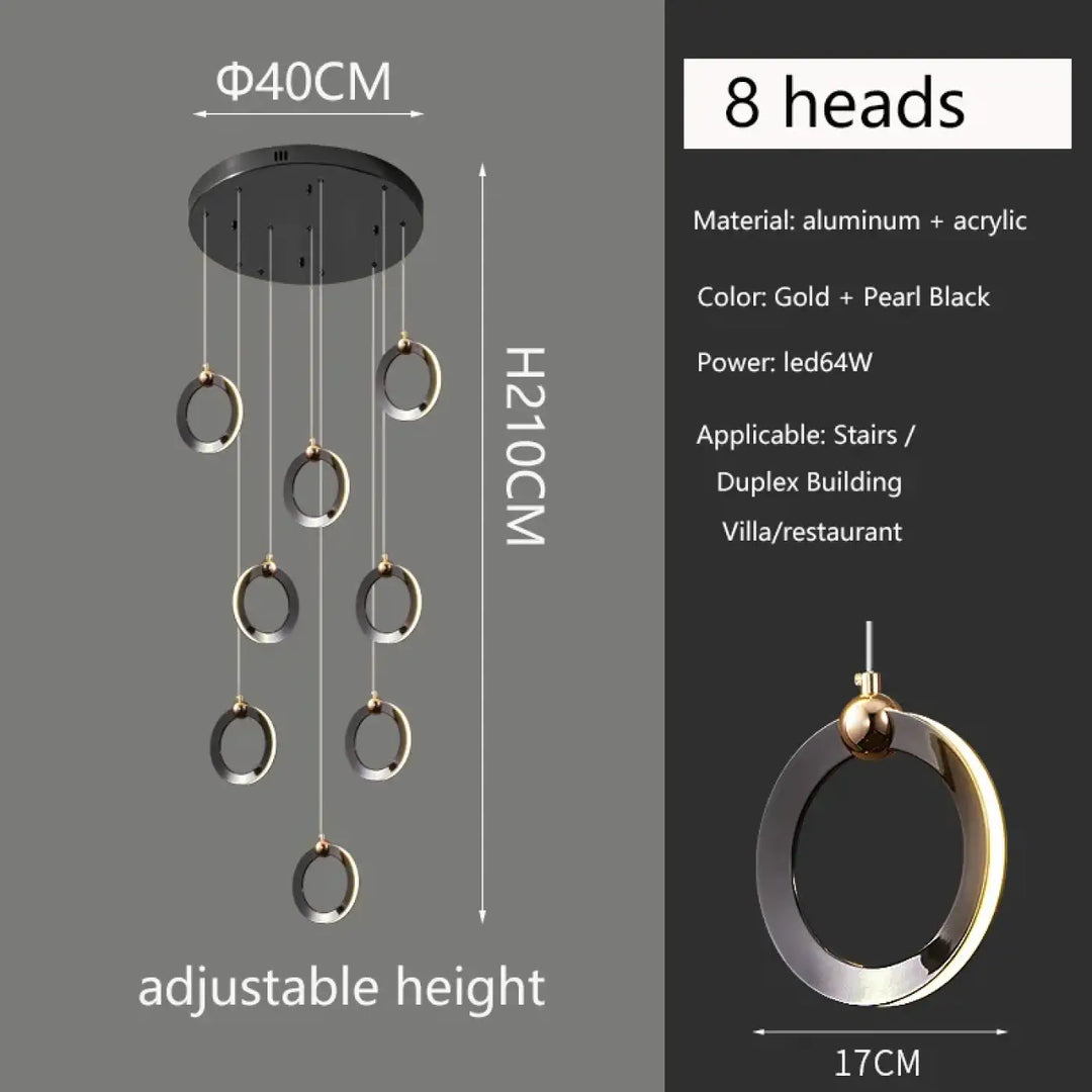 Suspension luminaire moderne anneaux led doré noir