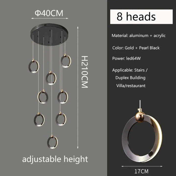Suspension luminaire moderne anneaux led doré noir