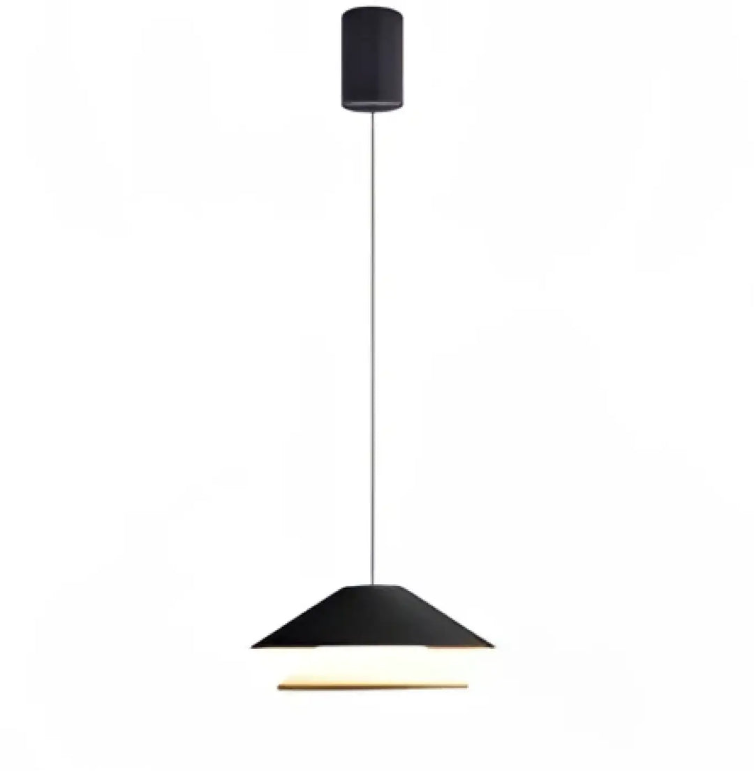 Suspension luminaire noire conique avec design minimaliste et lumière chaleureuse à la base pour intérieur moderne