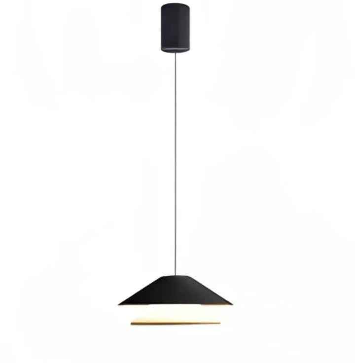 Suspension luminaire noire conique avec design minimaliste et lumière chaleureuse à la base pour intérieur moderne