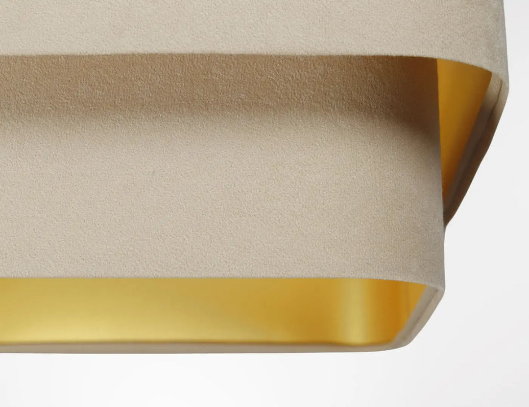 Suspension luminaire kwadro duo velour en textile raffiné beige avec intérieur doré pour un style moderne