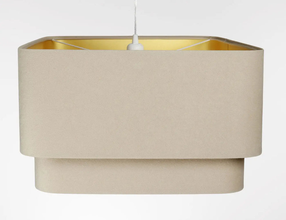 Beige suspension luminaire kwadro duo velour avec intérieur doré et tissu textile raffiné en couches moderne