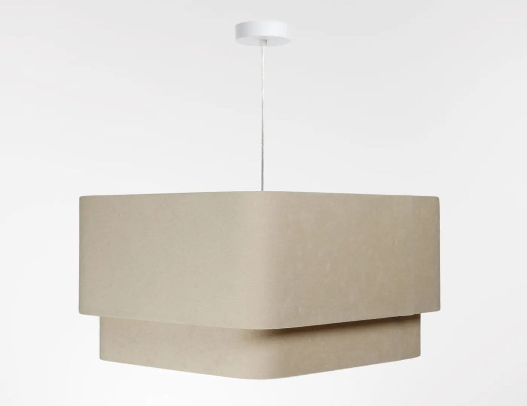 Suspension luminaire moderne beige rectangulaire avec textile raffiné et fixation plafond blanc minimaliste