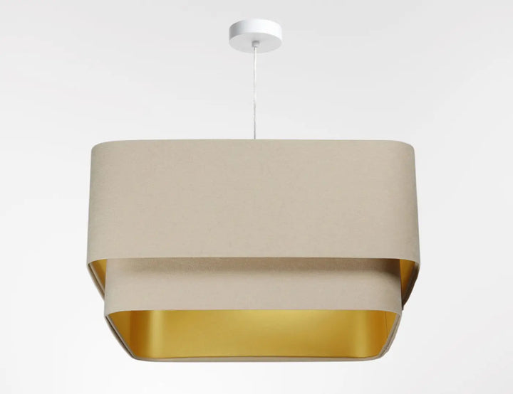 Suspension luminaire moderne kwadro duo velour beige avec double abat-jour textile raffiné en tissu doux