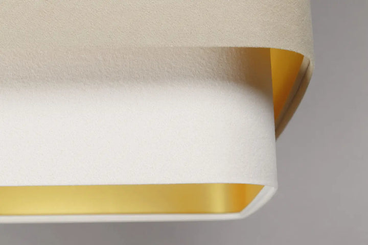 Suspension luminaire moderne kwadro duo beige avec abat-jour en tissu blanc cassé et intérieur or élégant