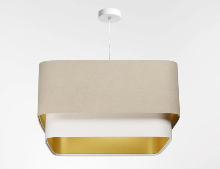 Suspension luminaire moderne kwadro duo avec abat-jour beige et doublure intérieure dorée en tissu