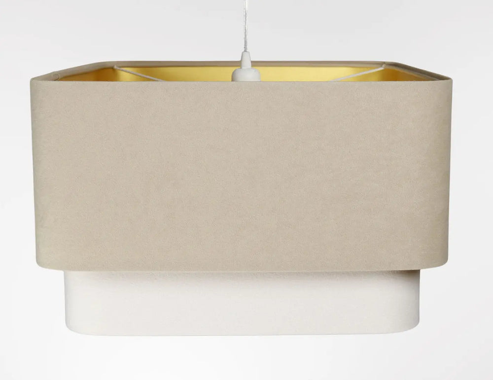 Suspension luminaire moderne kwadro duo beige avec intérieur doré et base blanche design contemporain