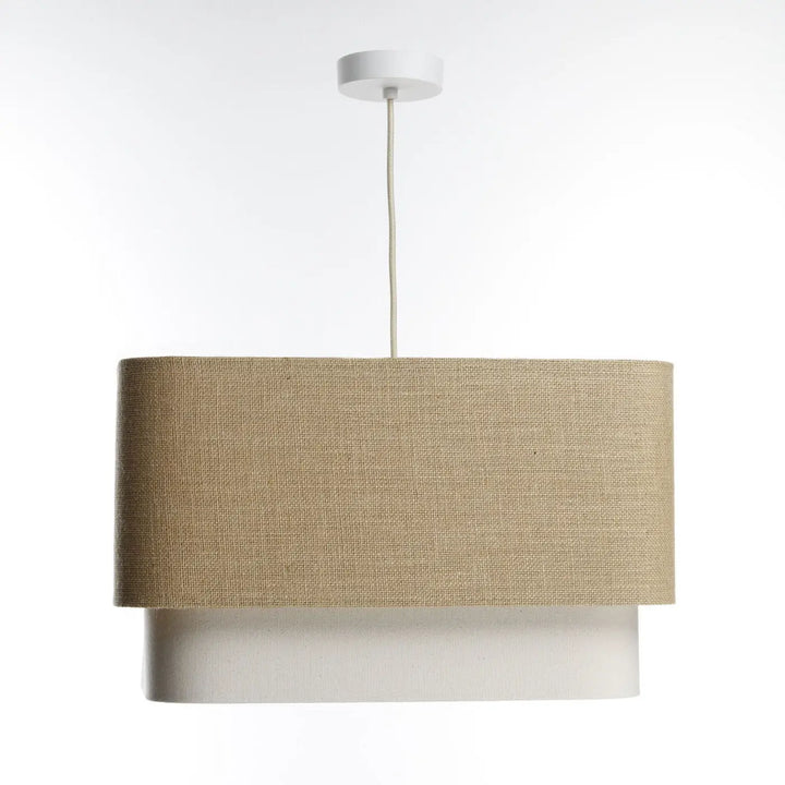 Suspension luminaire moderne kwadro duo en tissu beige tressé avec base blanche pour plafond