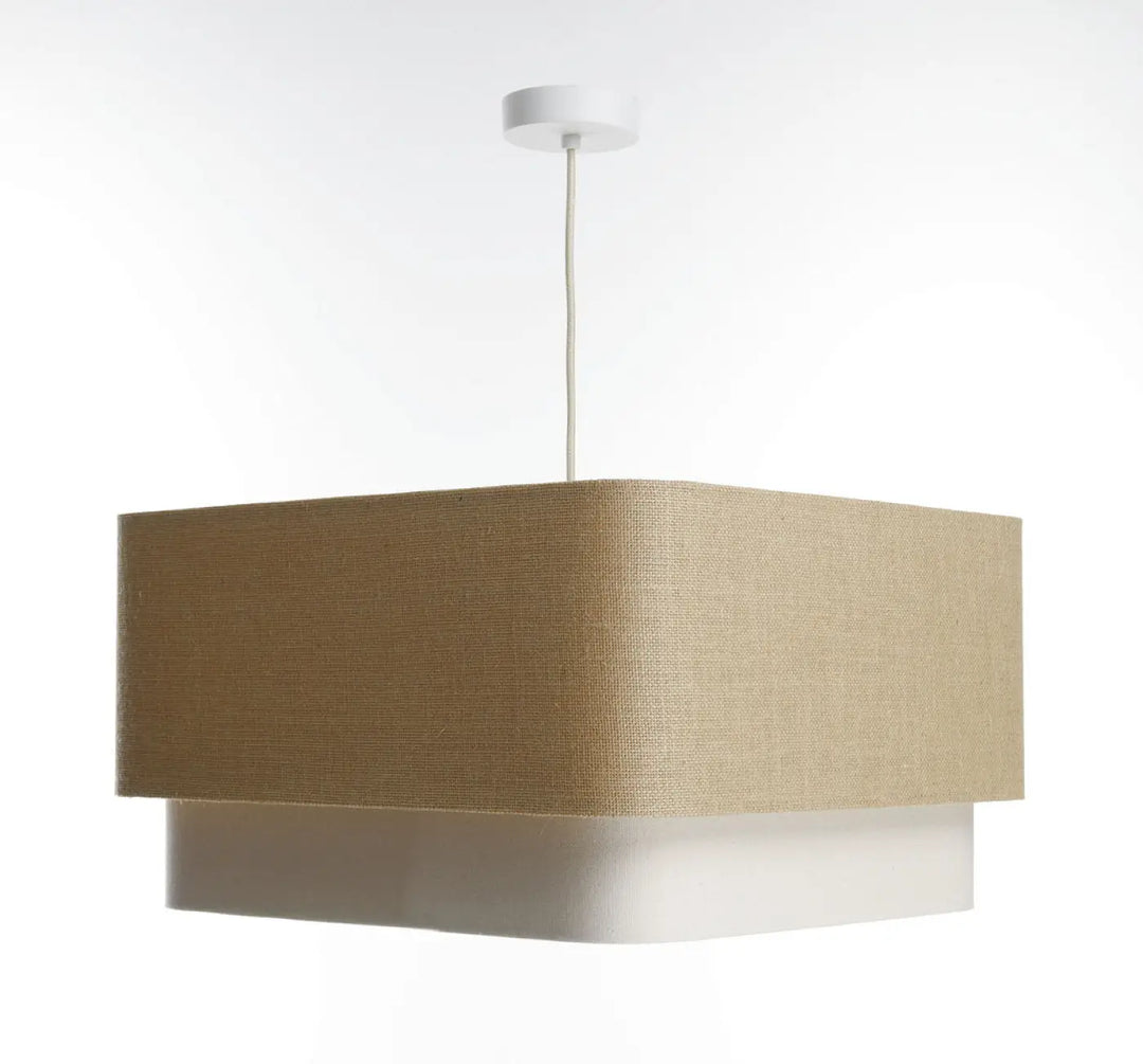 Suspension luminaire kwadro duo en tissu beige tissé avec base en plastique blanc pour un luminaire moderne beige