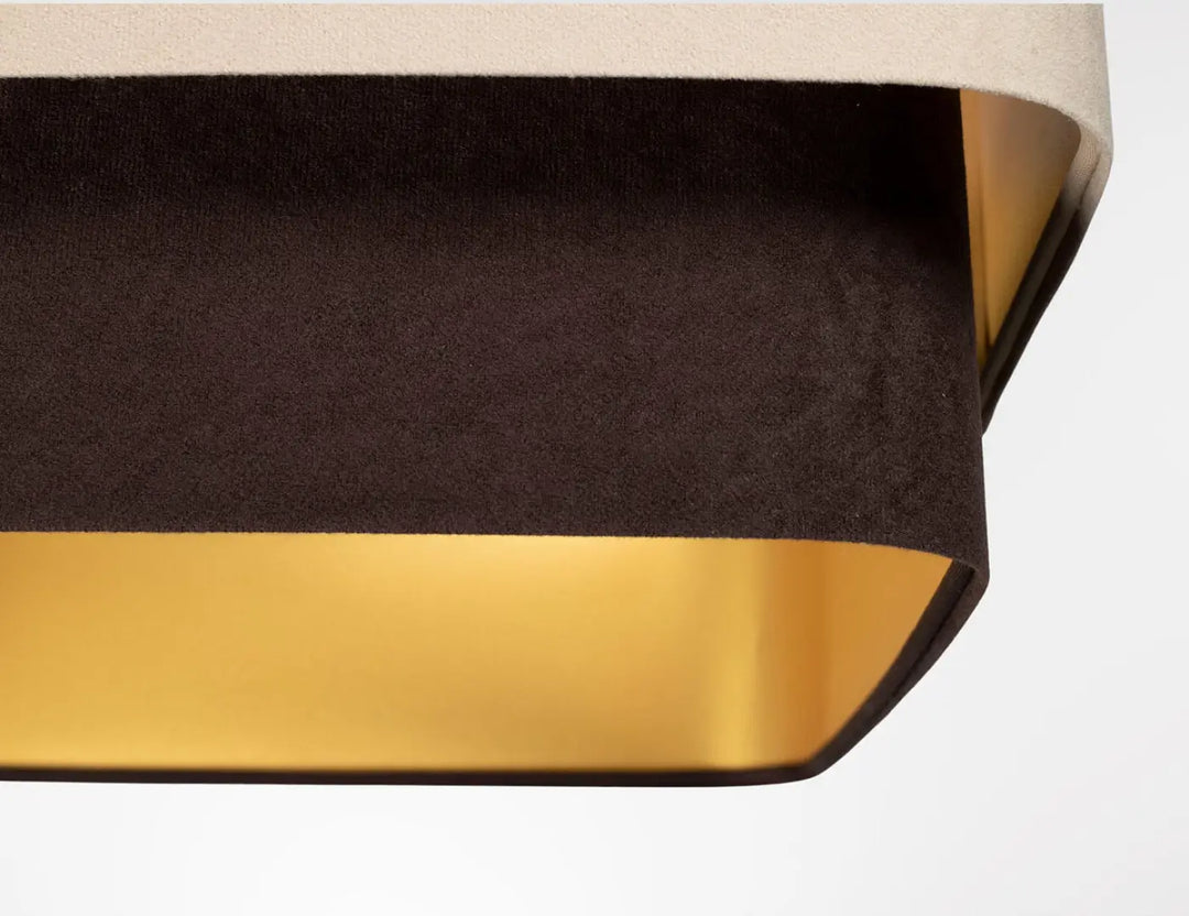 Suspension luminaire moderne kwadro duo beige marron avec abat-jour texturé noir et intérieur doré brillant géométrique