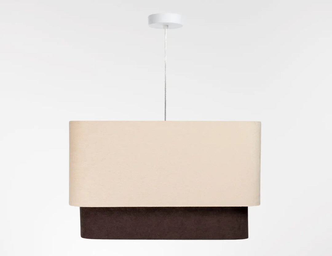 Suspension luminaire kwadro duo beige marron avec abat-jour rectangulaire crème et base marron foncé suspendue par cordon blanc