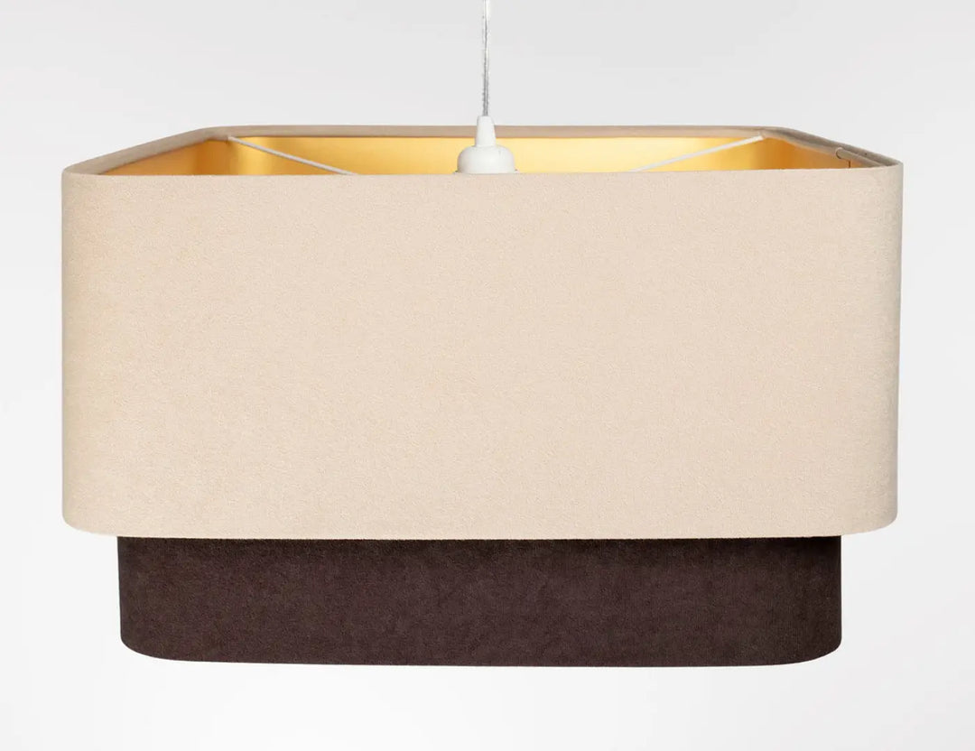 Suspension luminaire moderne kwadro duo beige et marron en tissu deux niveaux avec intérieur doré