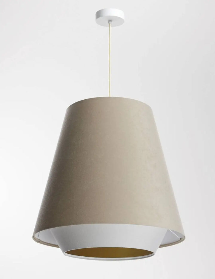 Suspension luminaire doblo beige en tissu avec base métal blanc et intérieur doré pour un luminaire moderne beige