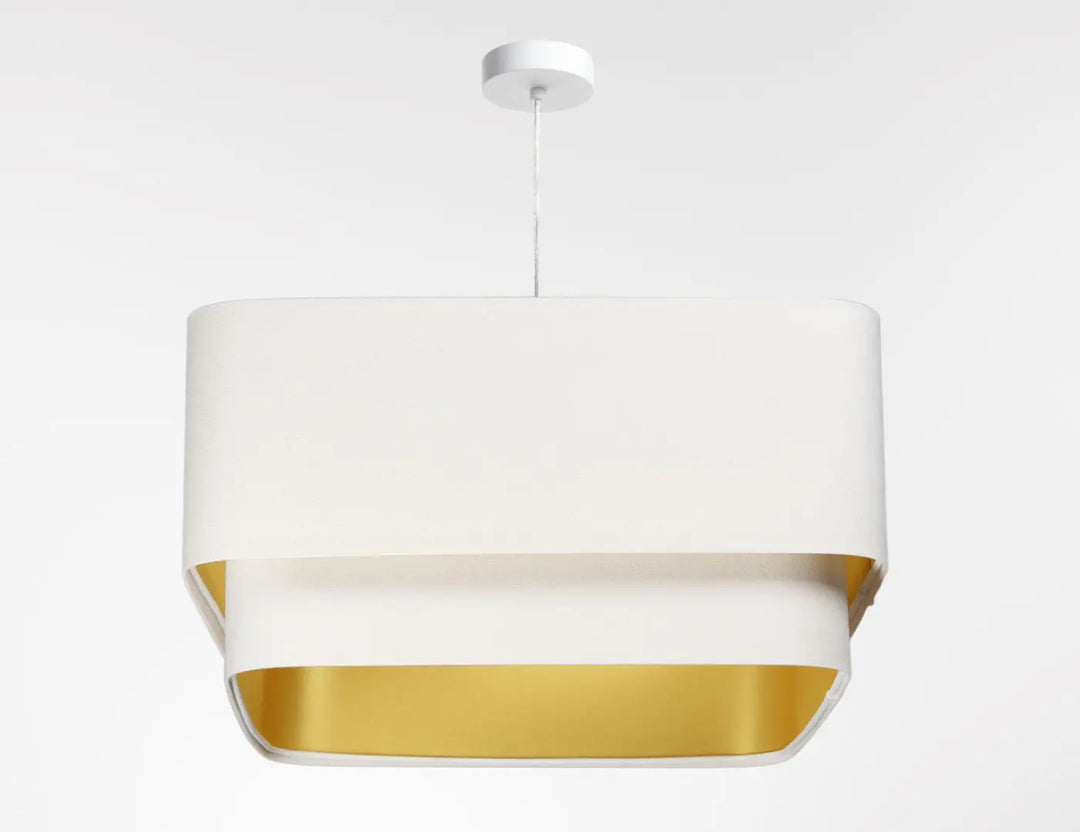 Suspension luminaire moderne kwadro duo velour blanc avec abat-jour en tissu blanc et doublure métallique dorée