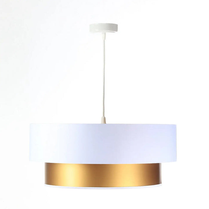 Suspension luminaire moderne duo blanc avec double abat-jour mat blanc et bande dorée brossée suspendue par cordon fin blanc