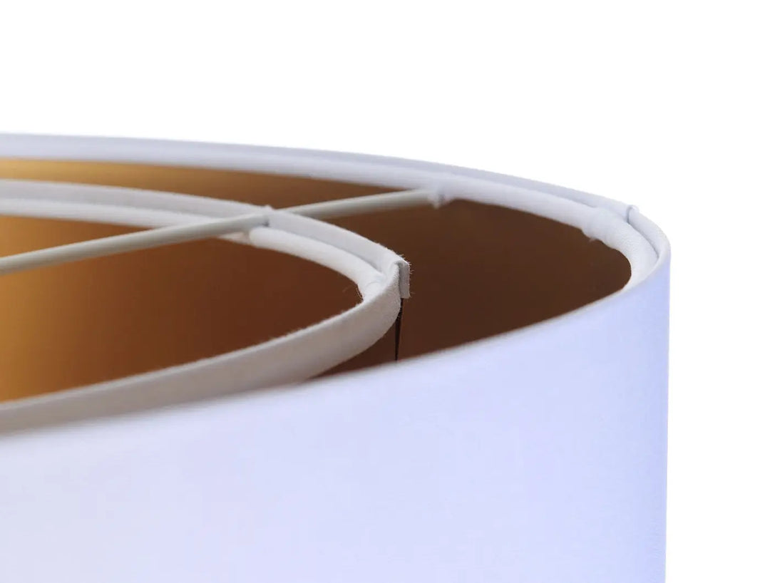 Suspension luminaire duo blanc doré avec abat-jour cylindrique blanc mat et structure interne visible