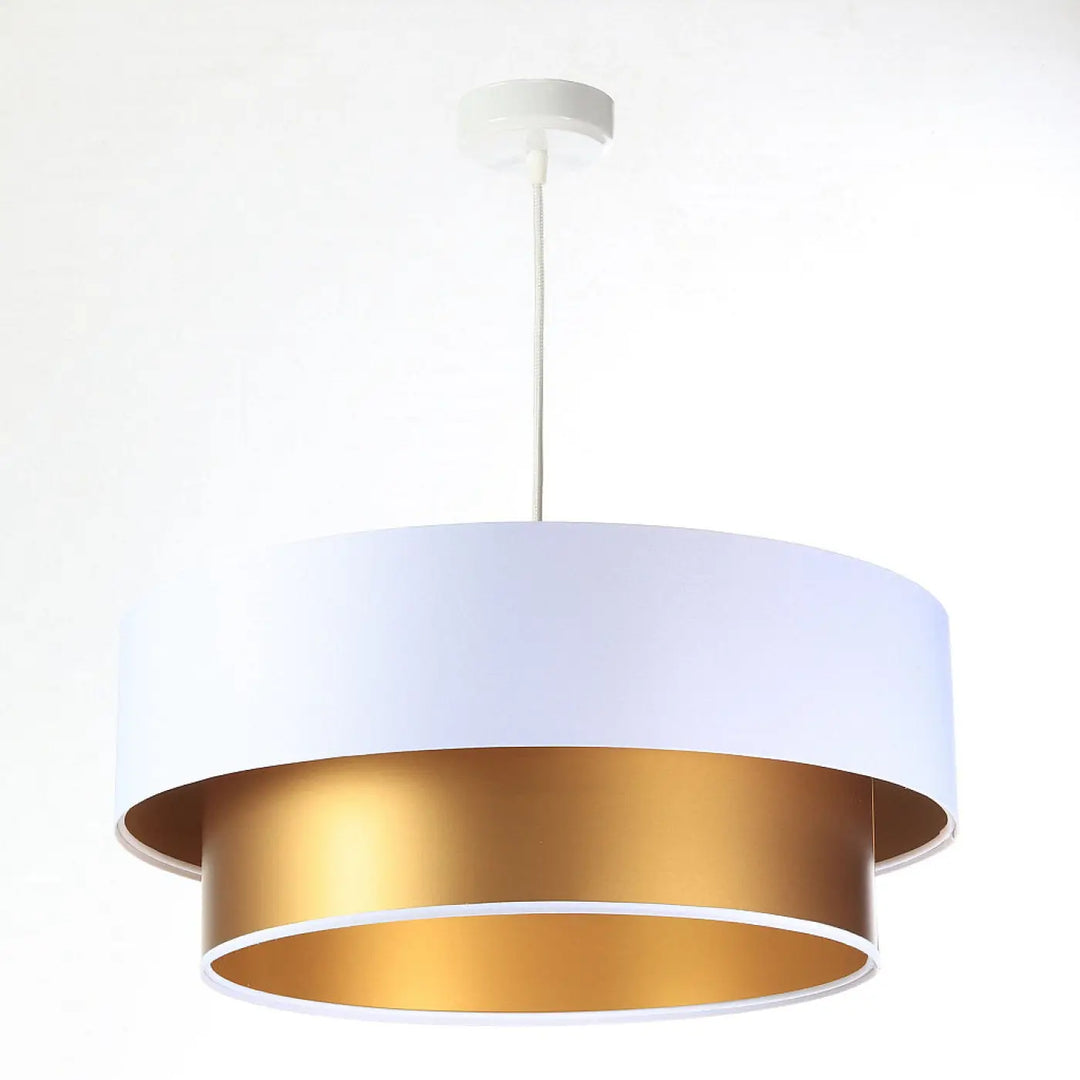 Suspension luminaire moderne deux niveaux blanc avec bague intérieure dorée et finitions métalliques élégantes